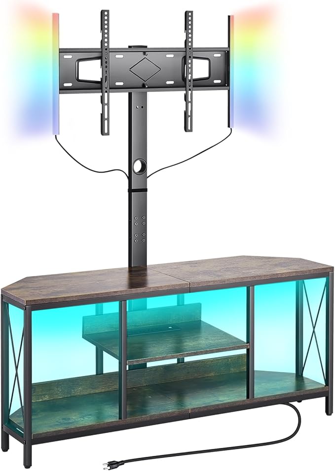 VEVOR 45" TV Stand with Mount for up to 75 in TVs, Entertainment Center with Power Outlet & LED Lights, Height Adjustable TV Console with Mount with 3 Tiers Storage Cabinets for Bedroom, Living Room