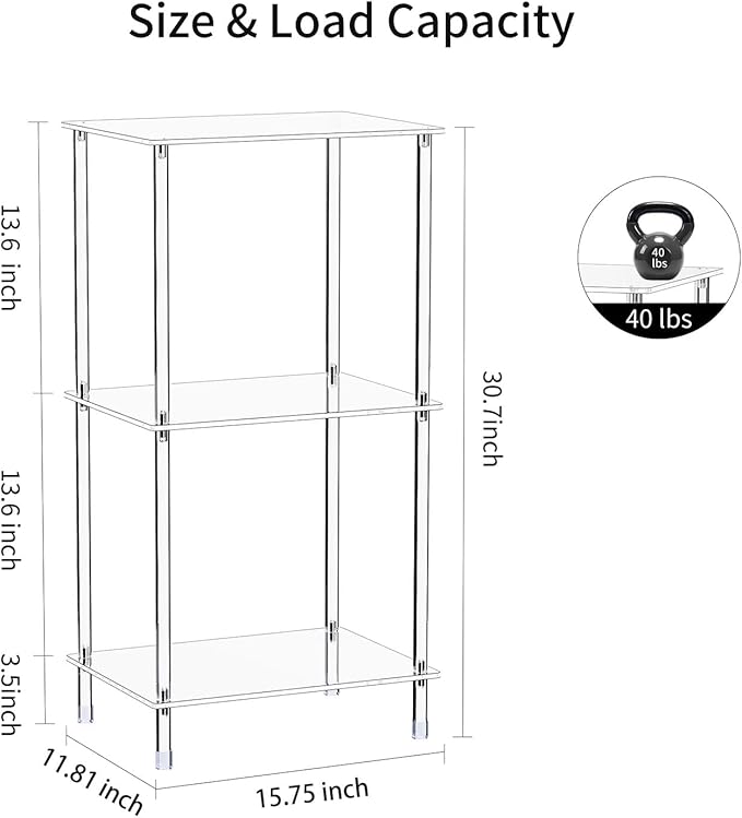 Acrylic Record Player Stand Set of 2, 3-Tier Clear Turntable Table with Vinyl Record Storage, 15.75" L x 11.81" W x 30.7" H, Tall Modern Side Table/End Table for Living Room, Bedroom