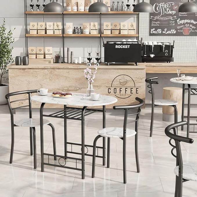 Shahoo 3-Piece Wooden Dining Table Set, Kitchen Breakfast Nook Sets with 2 Chairs & Round Tabletop, Space Saving Furniture Metal Frame and Built-in Wine Rack, Marble White & Black