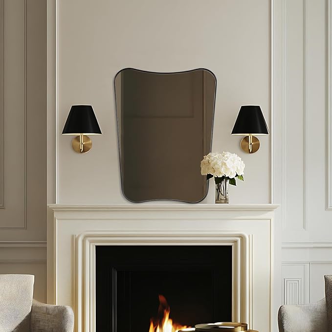 Black Bathroom Vanity Mirrors, 24 x 32 Irregular Wall Mirror with Black Trim Frame, Modern Asymmetrical Wall Mirror, Unique Shaped Decorative Mirrors for Living Room, Bedroom, Fireplace
