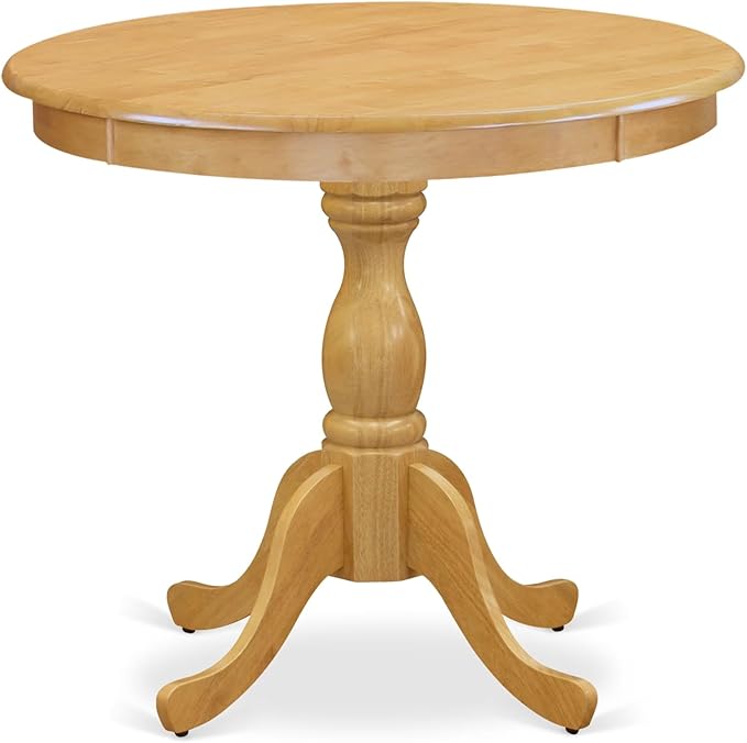 East West Furniture AMAB3-OAK-04 3 Piece Dining Set Contains a Round Kitchen Table with Pedestal and 2 Light Tan Linen Fabric Parson Dining Room Chairs, 36x36 Inch, Oak