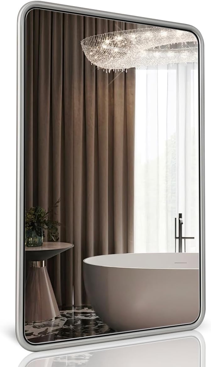 ANDY STAR 24x36 Brushed Nickel Bathroom Mirror, Stainless Steel Metal Frame with Rounded Corner Rectangle Bathroom Mirror for Over Sink, Modern Silver Mirror for Bathroom, Power Room, Living Room