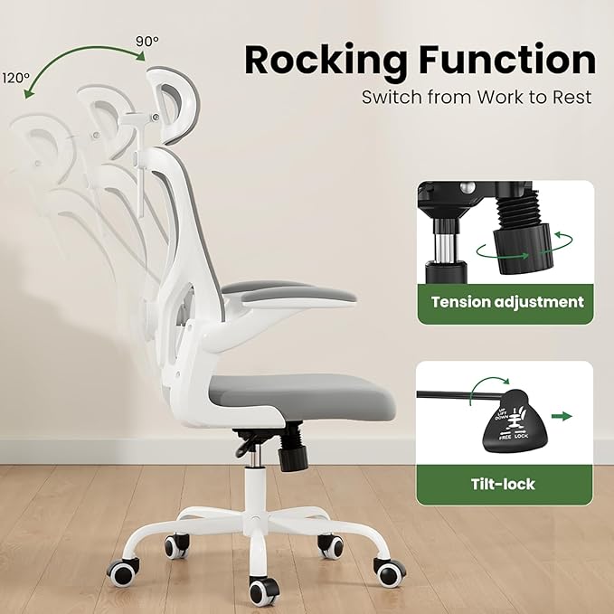 Ergonomic Office Chair, Comfy Home Office Chair High Back Computer Chair with Headrest, Adjustable Back Support, Flip-Up Arms, 90-120° Tilt and Wide Cushion, Up to 300lbs, Grey+White