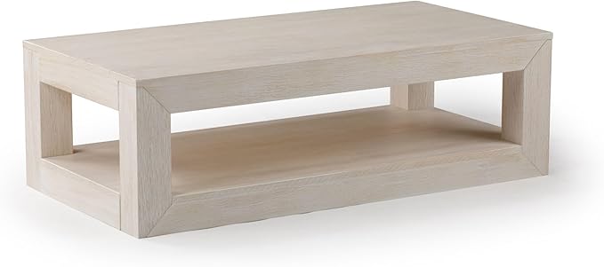Plank+Beam Modern Rectangular Coffee Table with Shelf, 48", Solid Wood Center Table with Storage, 2 Tier Tea Table for Living Room, White Sand Wirebrush