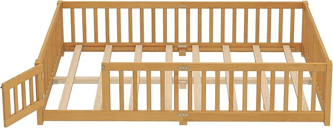 Queen Size Floor Bed Frame with Slats and Safety Guardrail, Wood Queen Size Montessori Floor Bed with Door and Fence, Easy Assemble Montessori Beds for Kids, Girls, Boys, Natural