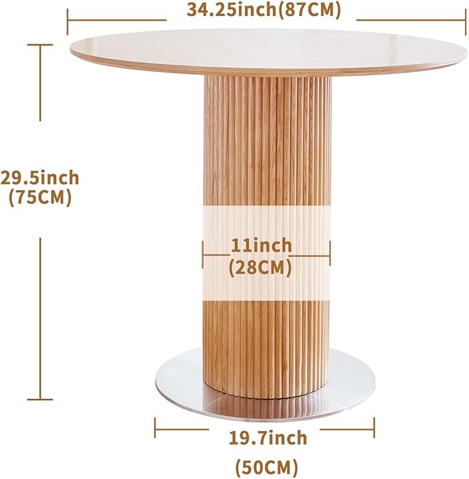 Round Wood Dining Table，Wooden Trestle Pedestal Base on Stainless Steel Plate，Small Space Kitchen Table，34.25" Modern Circular Tabletop for Kitchen, Dining Room, Restaurant，Cafe (Natural)