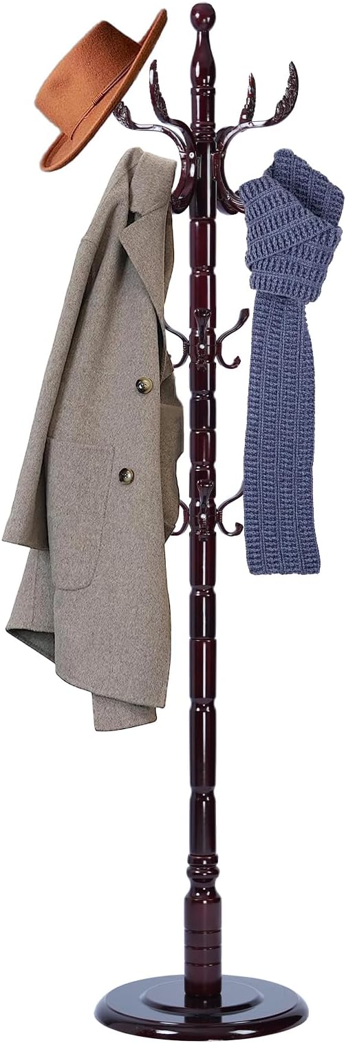 72 in Wood Coat Rack, Coat Rack Freestanding with Stable Round Base, Adjustable Height Tree Coat Racks Stand for Home Bedroom Office Hallway Entryway (Solid Wood Fenghuang Gou)