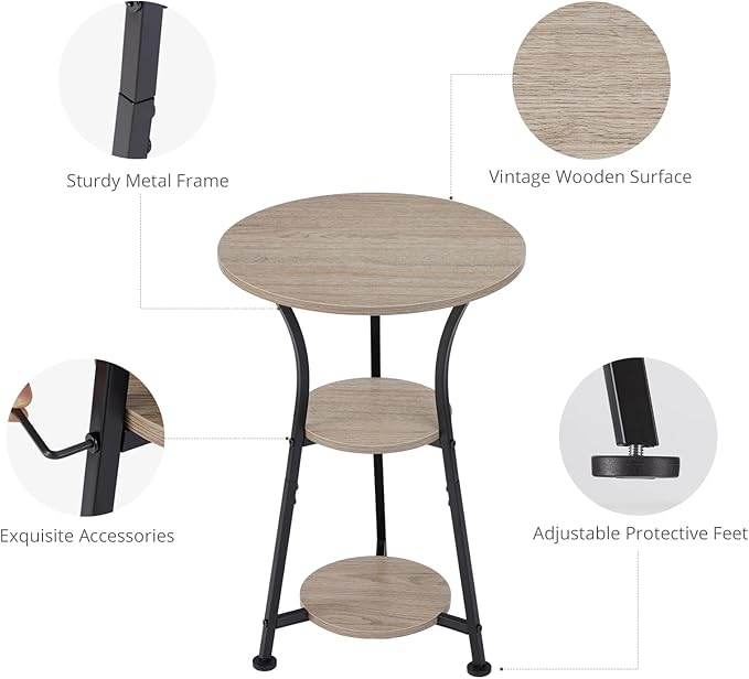 Dulcii Round Side Table for Narrow and Small Spaces,3 Tier Small Round End Table Sofa Side Table for Living Room,Small Bedside Table Round Nightstand for Bedroom