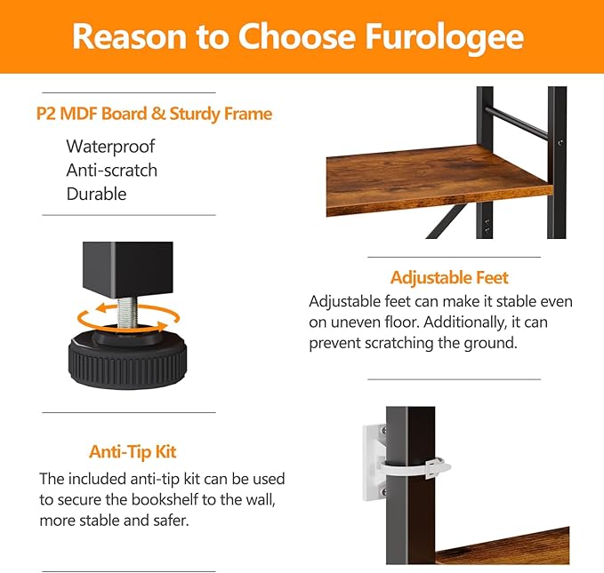 Furologee 5 Tier Tall Bookshelf, Rustic Narrow Bookcase, Display Standing Shelf Units, Metal and Wood Storage Shelves Organizer for Bedroom, Living Room, Home Office, Entryway, Kitchen, Rustic Brown
