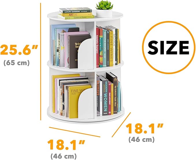 SpaceAid 2 Tier Rotating Bookshelf Tower, Spinning Bookcase Lazy Susan, Revolving 360 Book Shelf Storage Round Carousel, Vertical Rotate Turning Spiral Corner Organizer, White
