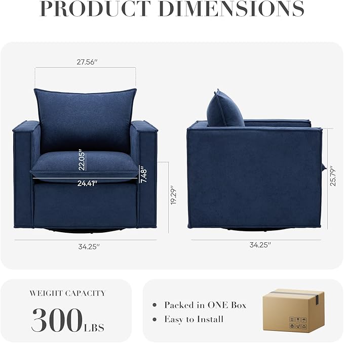 COLAMY Swivel Accent Chair Set of 2, 34 Inches Wide Upholstered Arm Chair with Plump Back Pillow, Modern Sofa Living Room Chair for Bedroom, Corner, Reading Nook-Blue
