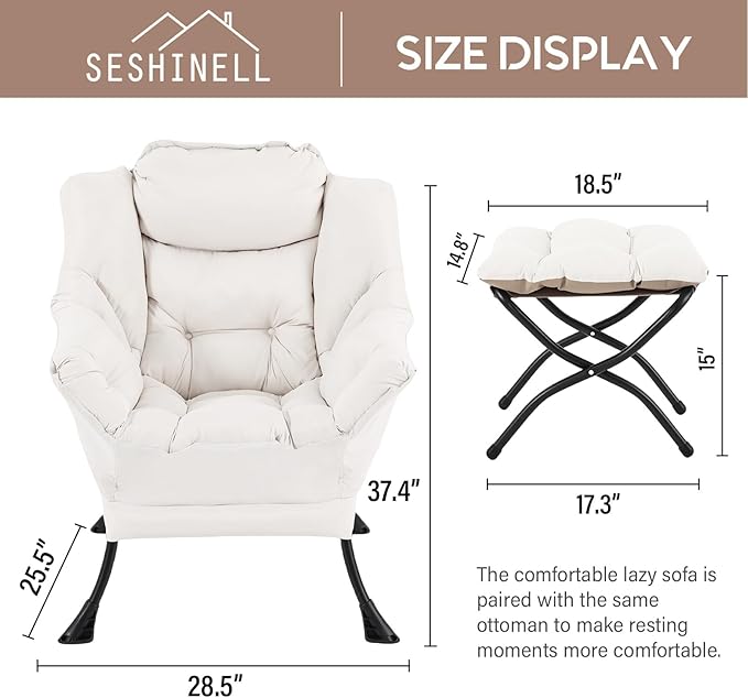 Lazy Chair with Ottoman, Modern Reading Lounge Accent Chair with Armrests and a Side Pocket, Leisure Upholstered Lazy Sofa Set with Footrest for Small Space, Beige