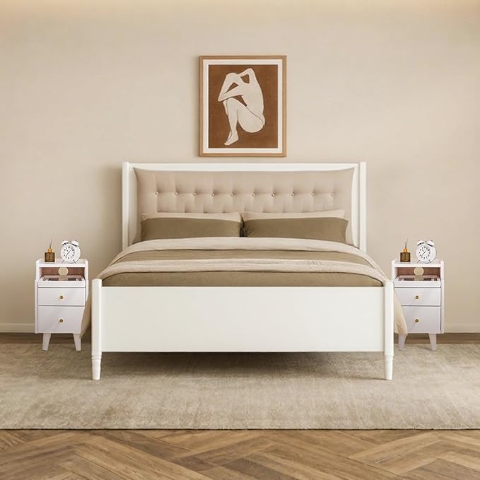 Uniclinens White Narrow Nightstand with Drawers, Small Slim Solid Wood Bedside Table for Bedroom, Modern End/Side for Living Room