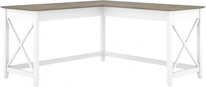 Bush Furniture Key West 60W Modern Farmhouse L Shaped Desk in Pure White and Shiplap Gray | 60-Inch Corner Table for Home Office