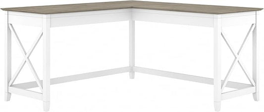Bush Furniture Key West 60W Modern Farmhouse L Shaped Desk in Pure White and Shiplap Gray | 60-Inch Corner Table for Home Office