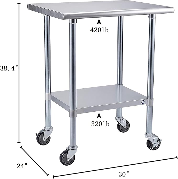 ROCKPOINT Stainless Steel Table for Prep & Work with Caster Wheels 24x30 Inches, NSF Metal Commercial Kitchen Heavy Duty Table with Adjustable Under Shelf and Table Foot for Restaurant, Home and Hotel