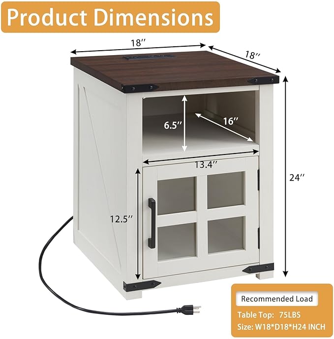Farmhouse Nightstand with Charging Station, Rustic End Table with Tempered Glass Barn Door, Wood Sofa Side Bedside Table with Open Storage Shelf for Living Room, Bedroom, White
