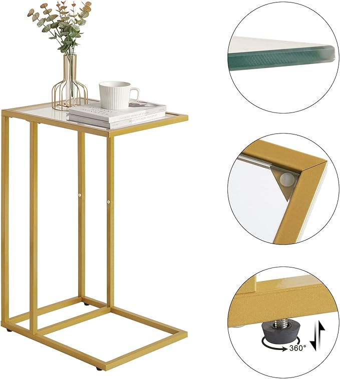 YMYNY C-Shaped End Table, Tempered Glass Sofa Side Table, nightstand for Small Place,Coffee Table for Hallway Office Bedroom Living Room, Metal Frame, Gold, 24.8 * 15.75 * 11.8" UHGD001G