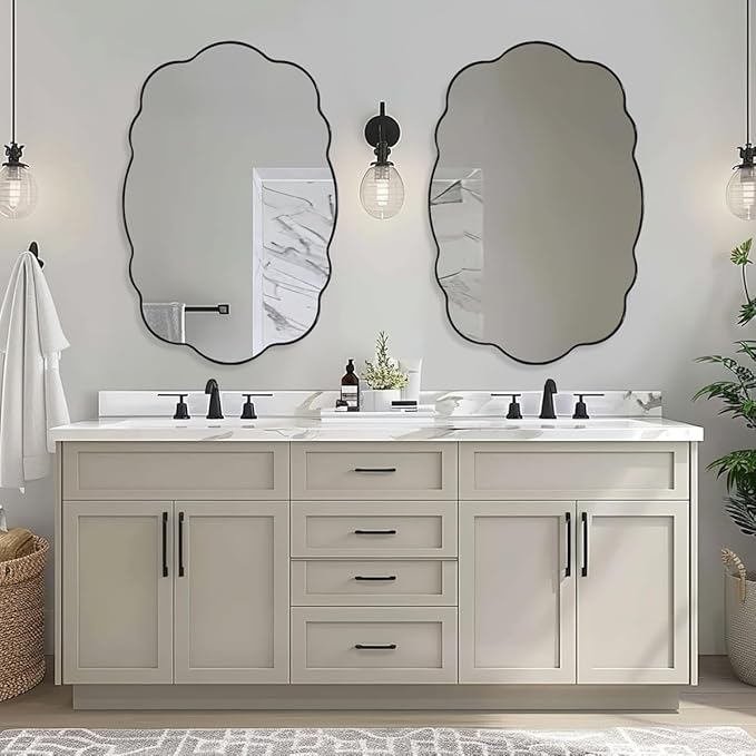ANDY STAR Matte Black Scalloped Wall Mirror -24x36 Irregular Bathroom Vanity Mirror for Vanity, Living Room & Entryway, Anti Rust Stainless Steel Wall Mount Horizontal or Vertical