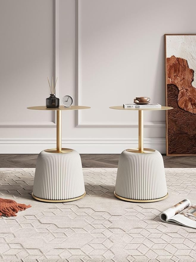 Manhattan Comfort Anderson Modern 15.75" Round End Tables 1.0 - Elegant Leatherette Upholstered Base with Pleated Design & Gold Steel Tabletop, Fully Assembled Accent Furniture, Set of 2, Cream