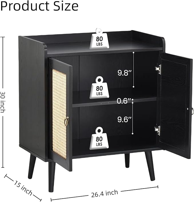 Buffet Cabinet, Rattan Storage Cabinet with Round Pull Rings, Sideboard with Ample Storage, Bar Liquor Shelf with 2 Doors for Living Room, Hallway, Black