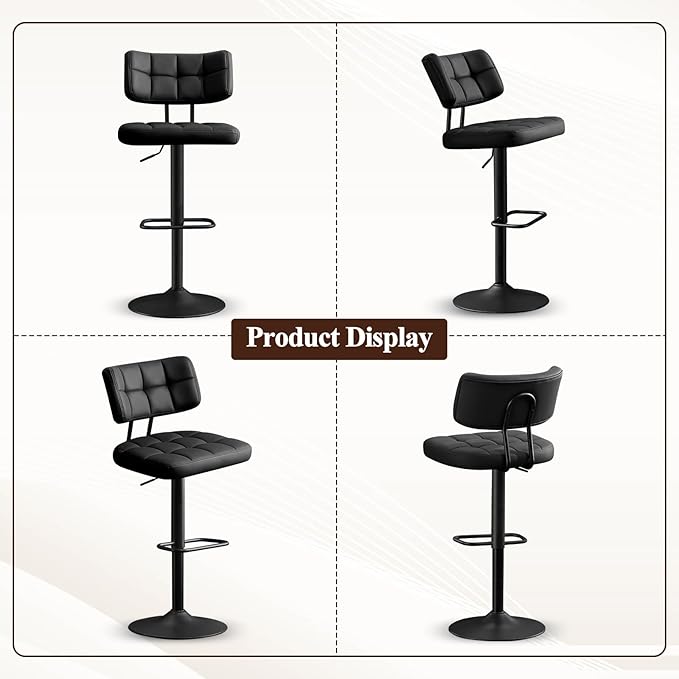 Furniliving Modern Bar Stools Set of 2 Faux Leather, Upholstered Swivel Barstools with Back, Adjustable Bar Chairs Counter Height for Kitchen Island, Dining Space, Black