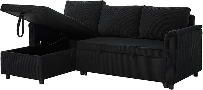 Ball & Cast L-Shape Reversible Sectional Sleeper Sofa Bed 4 in 1 Pull Out Couch with Storage Chaise&Removable Backrest,Convertible Sleeper Corner Couch Pull-Out Sofa Bed for Living Room,Corduroy,Black