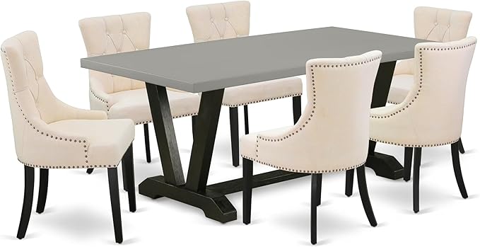 East West Furniture V697FR102-7 7 Piece Dining Table Set Consist of a Rectangle Dining Room Table with V-Legs and 6 Light Beige Linen Fabric Parsons Chairs, 40x72 Inch, Multi-Color