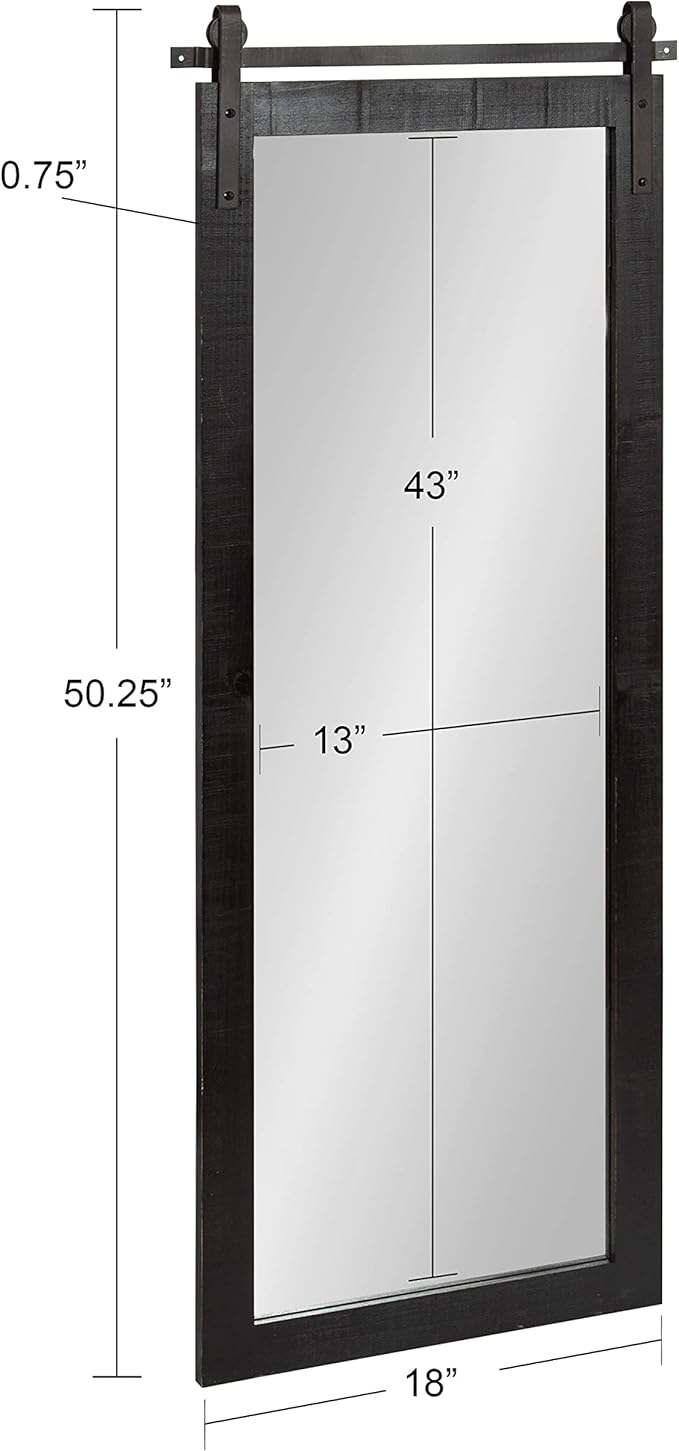 Kate and Laurel Cates Farmhouse Wood Framed Panel Wall Mirror; 18 x 50; Black; Decorative Rustic Barn Door Inspired Wall Mirror Decor With Full Length Size