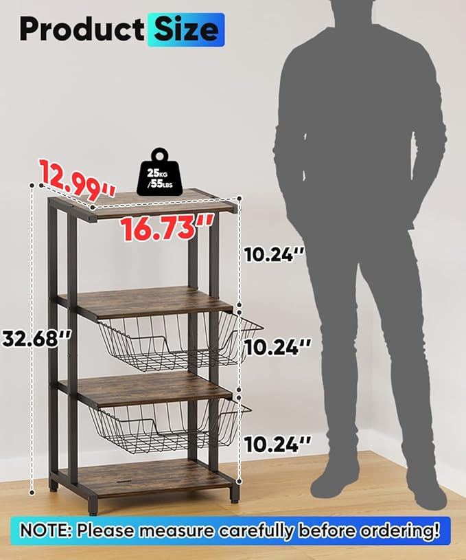 Media Stand with Two Detachable Baskets, 4-Tier AV Media Stand Corner Shelf for DVD Players/Cable Boxes/Games Consoles, Audio Storage Rack for Living Room, Gaming Room, Music Studio, Black