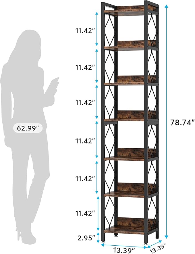Tribesigns 78.7 Inch Extra Tall Narrow Bookshelf, 7-Tier Skinny Bookcase for Small Spaces, Freestanding Display Shelves, Multifunctional Corner Storage Organizer for Home Office, Rustic Brown