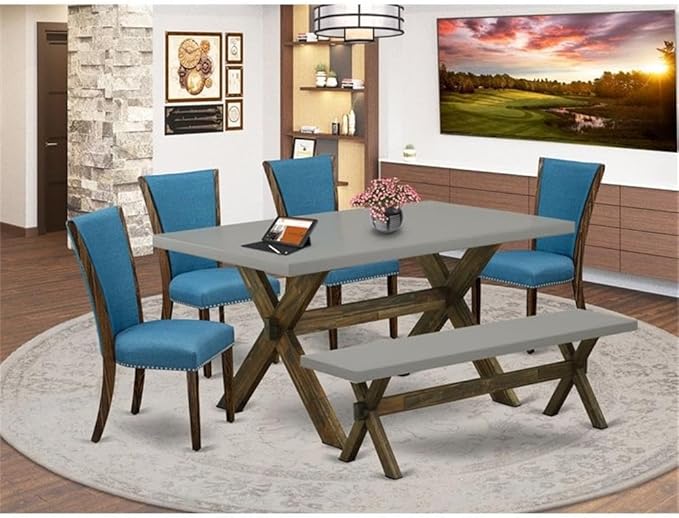 East West Furniture X797VE721-6 6 Piece Dining Table Set Contains a Rectangle Dining Room Table with X-Legs and 4 Blue Color Linen Fabric Parson Chairs with a Bench, 40x72 Inch, Multi-Color