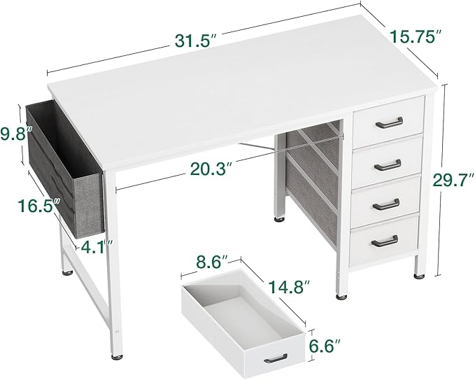 Casaottima 32 inch Small Computer Desk with 4 Fabric Drawers, Side Hook and Cloth Bag, Kids Study Table for Bedroom and Small Space, Pure White