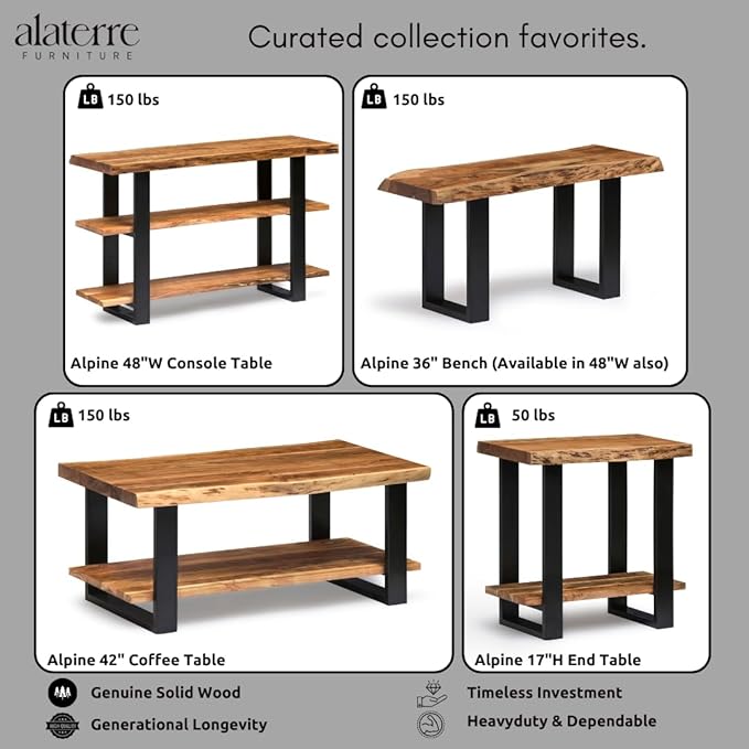 Alaterre Furniture Alpine Natural Live Edge Acacia Wood End Table with Metal Accents, 3-Tier Shelf Design, Includes Nylon Floor Protectors, Unique Industrial Rustic Style, Clear Natural Finish