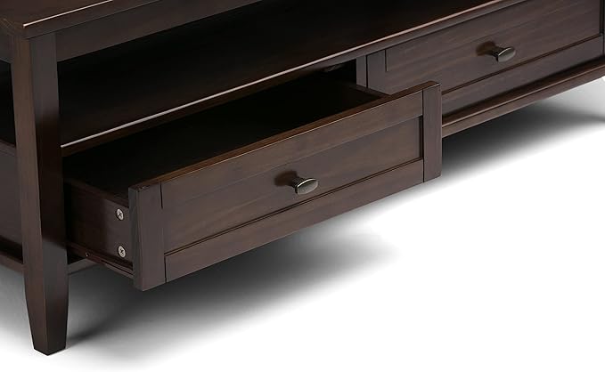 SIMPLIHOME Warm Shaker Coffee Table - 48 inch Wide Solid Wood Cocktail Table in Tobacco Brown, Transitional Living Room Table with 2 Storage Drawers and Open Shelf for Sitting Area or Lounge