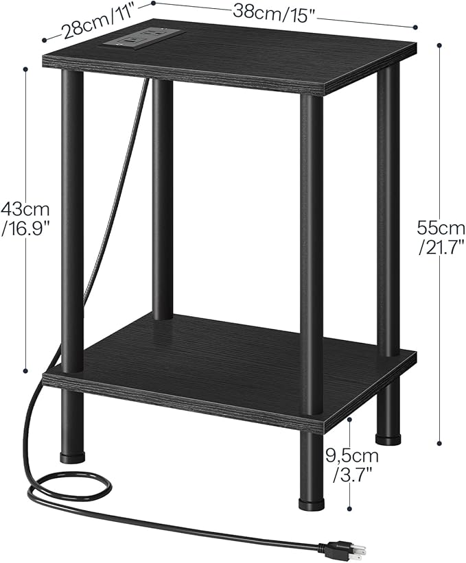 HOOBRO Side Table with Charging Station, End Table with USB Port and Outlets, Nightstand with 2-Layer Storage Shelves for Small Spaces, Living Room, Bedroom, Black BK09UBZ01