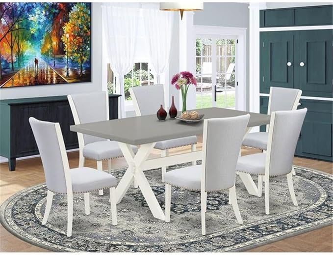 East West Furniture X097VE005-7 7 Piece Kitchen Table & Chairs Set Consist of a Rectangle Dining Room Table with X-Legs and 6 Grey Linen Fabric Upholstered Chairs, 40x72 Inch, Multi-Color