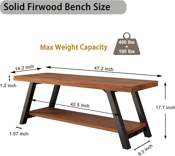 IBF Solid Wood Entryway Bench, Natural Real Wood Storage Bench, Farmhouse Wooden Shoe Bench in Entry Way Hallway Foyer Rack, Bedroom Bench Seat for Living Bed Mud Room Indoor, Rustic Brown, 47 Inch