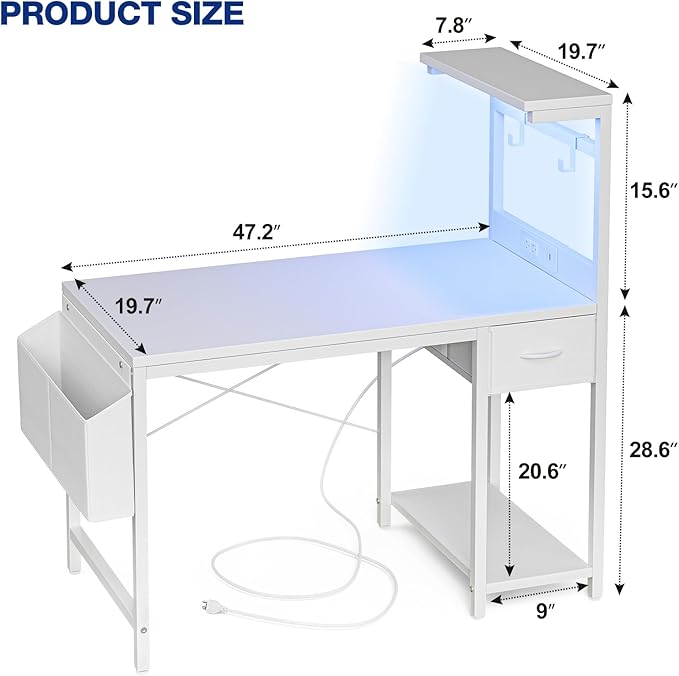 Gaming Desk 47 Inch with Power Outlet and LED Light, Computer Desk with Reversible Shelves and Storage Drawer, Pc Small Desk for Home Office Table with Bag, Carbon Fiber White