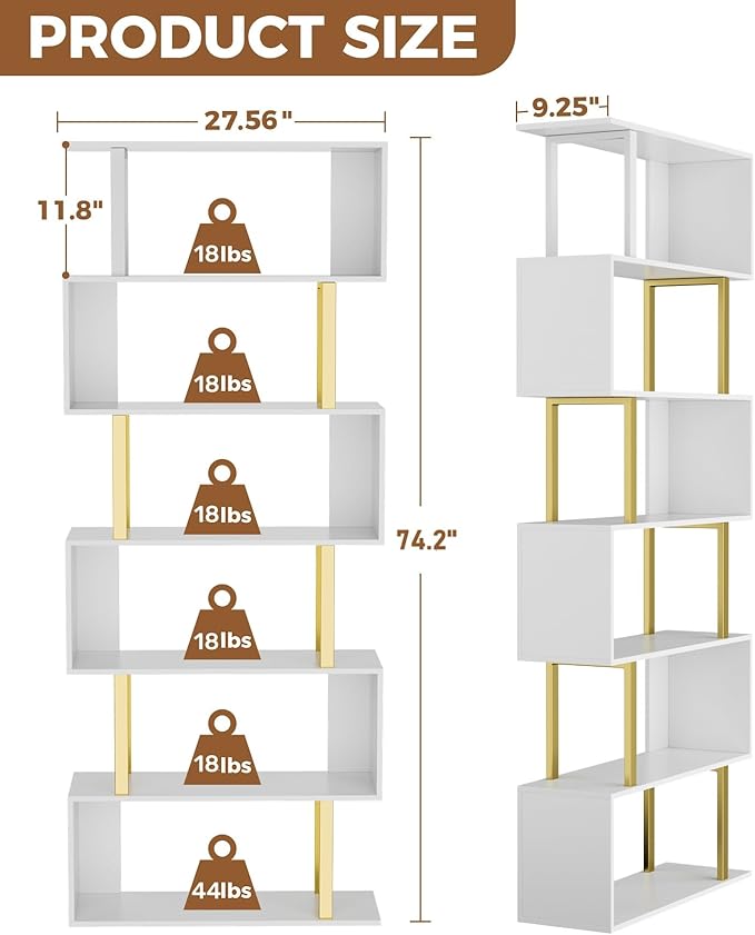 Gadroad 6-Tier Geometric Bookcase,S Shaped Bookshelf, Wood Decorative Storage Shelving, Modern Freestanding Display Shelves, Tall Book Shelf Unit for Living Room Bedroom