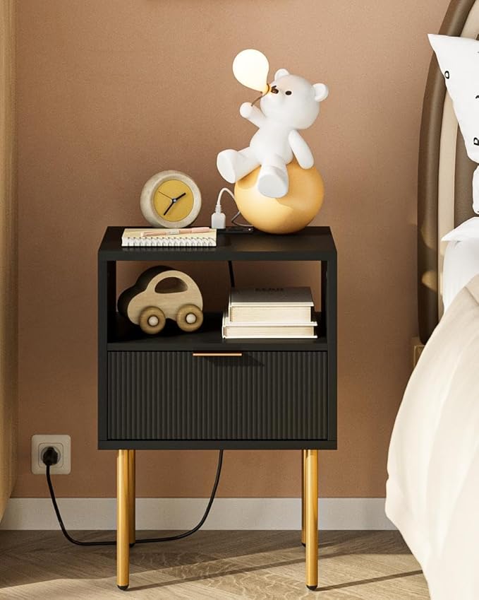 Nightstand,Small Bedside Table with Gold Frame,Morden Night Stand with 2 Drawer,End Table,Side Table with Drawer and Shelf for Bedroom,Living Room (Black-1Drawer-Outlet)