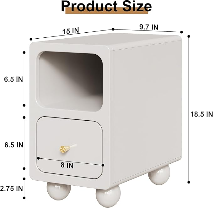 Solid Wood Night Stand, Narrow Nightstand with Drawers, White Mid Century Modern Nightstand, Small Beside Table with Open Storage Shelf for Bedroom (10 inch)