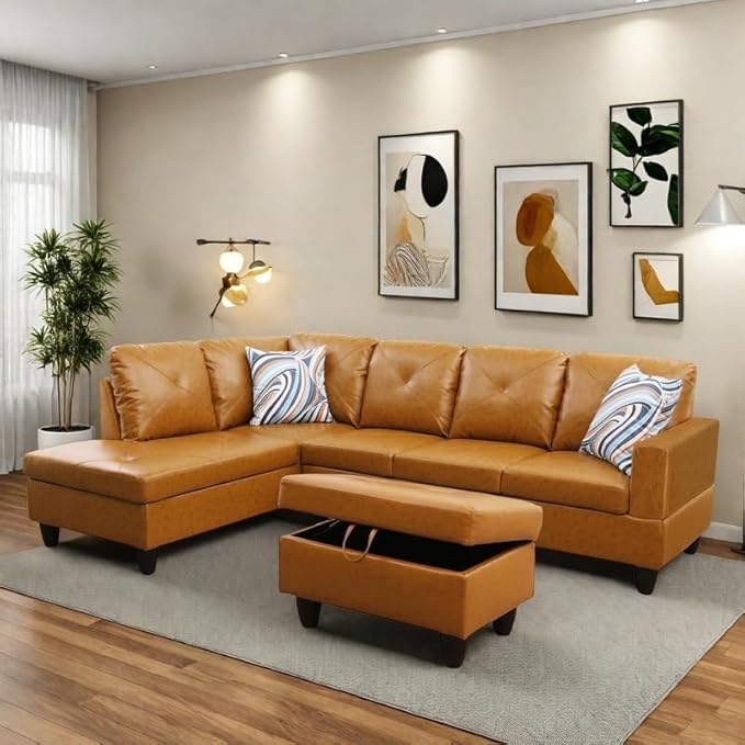 NAYSAYE L Shaped Couch, Leather Modular Sectional Couch with Ottoman Storage, Modern Lounge Sofa Convertible Sectional Couches for Living Room, Apartment, Ginger