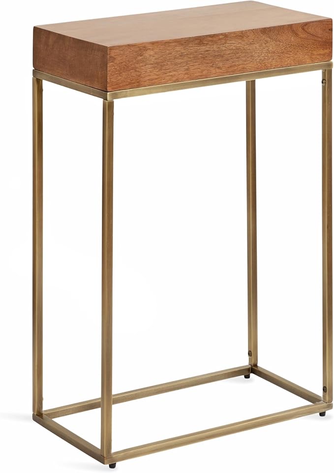 Kate and Laurel Karlsen Mid-Century Wood and Metal Narrow Side Table; 16 x 24 x 8; Walnut Brown and Brass; Slim Bedroom Nightstand with Mixed Materials Design