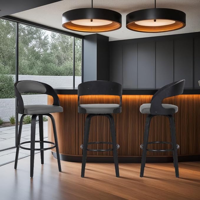 Armen Living Shelly 30" Bar Height Swivel Gray Faux Leather and Black Wood Bar Stool - Set of 2