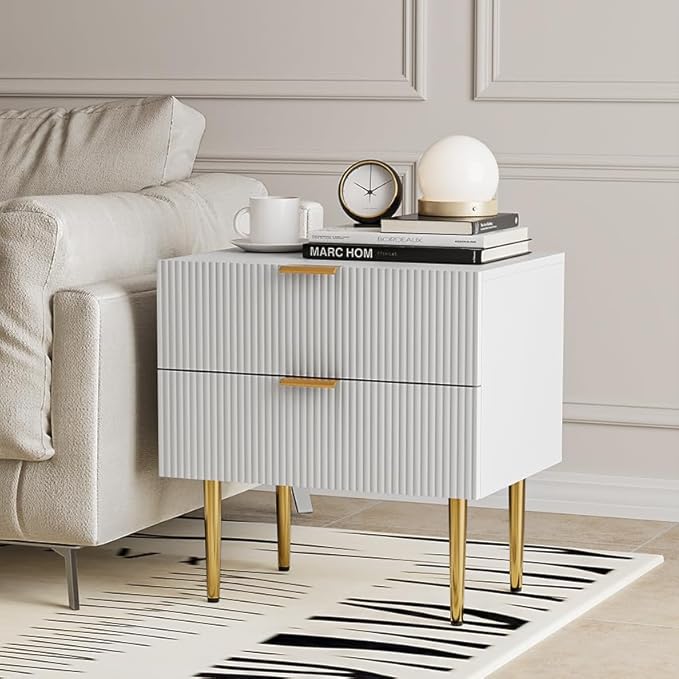White Nightstand for Bedroom, Fluted Night Stand Set of 2, Mid Century Modern Bedside Table with Gold Metal Legs