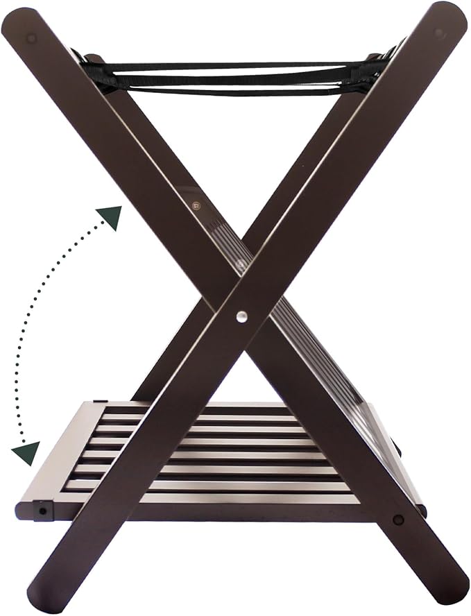 Fully Assembled Bamboo Luggage Rack, Folding Suitcase Stand with 5 Nylon Straps, Luggage Holders with Shelf, Ideal for Guest Room, Bedroom, Hotel, Espresso