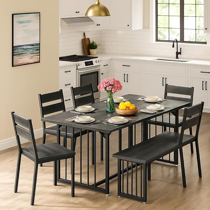 DWVO 63 Inch Dining Table Set for 6-8 People 6-Piece Large Kitchen Table Set with 2 Benches and 4 Chairs Farmhouse Rectangular Dining Room Table for Kitchen Dining Room Apartment Dark Grey