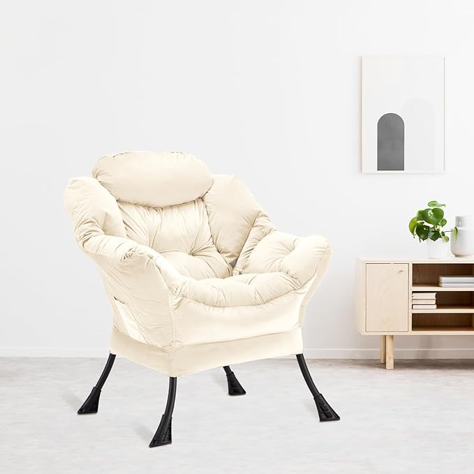 Lazy Chair Thick Padded, Comfy Velvet Accent Lounge Chair with Stable Frame, Leisure Sofa Armchair with Armrests and Side Pocket, Reading Chair for Bedroom, Living Room, Office, Beige