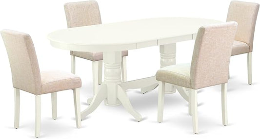 East West Furniture VAAB5-LWH-02 5 Piece Dining Room Table Set Includes an Oval Kitchen Table with Butterfly Leaf and 4 Light Beige Linen Fabric Parsons Chairs, 40x76 Inch, Linen White